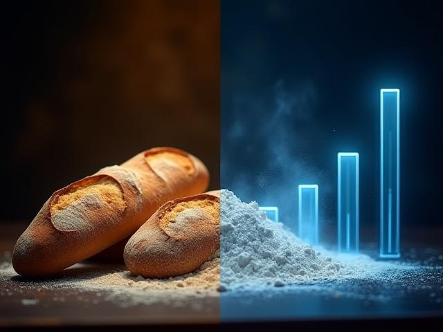 Artisanal bread ingredients arranged next to modern business analytics charts, symbolizing the blend of craft and strategy