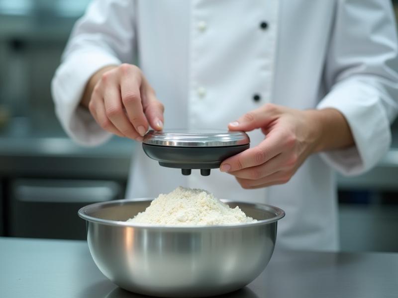 Pék szakember speciális gluténmentes lisztkeverékekkel dolgozik egy modern konyhában