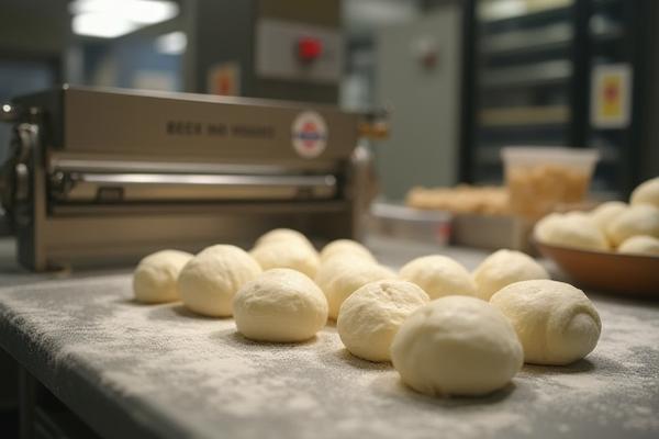 Modern, félautomata tésztafeldolgozó gép működés közben egy budapesti pékségben