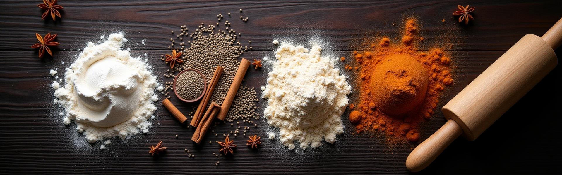 Sütési alapanyagok, liszt és fűszerek esztétikus elrendezése