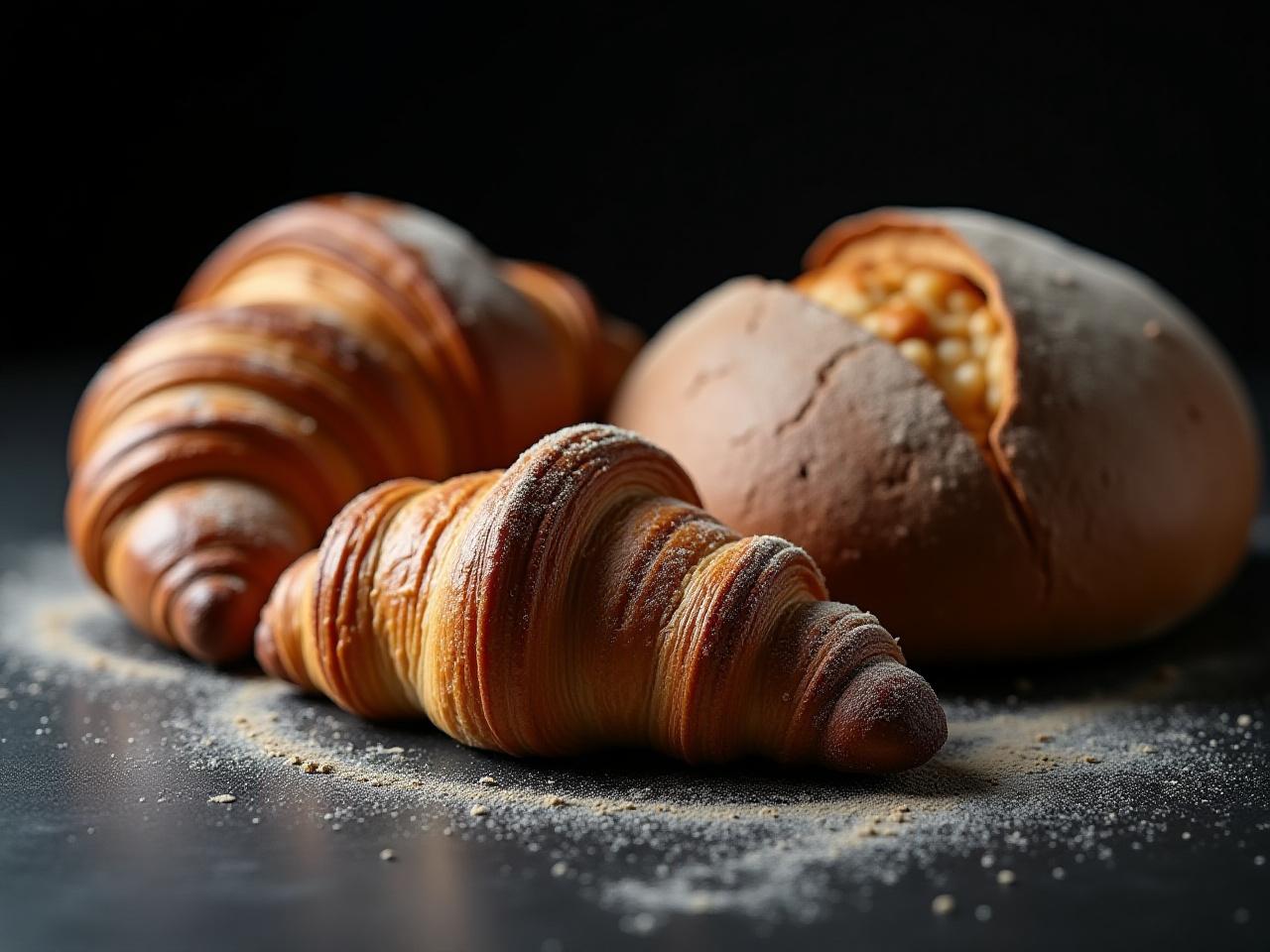 Kézműves fekete szezámos croissant és kovászos termékek kreatív elrendezésben