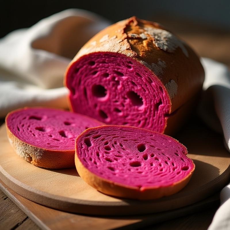 Céklás kovászos kenyér szeletelve, rusztikus környezetben