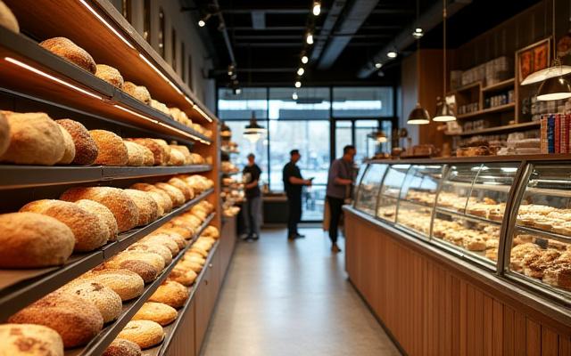 Modernizált pékség belső tere boldog vásárlókkal