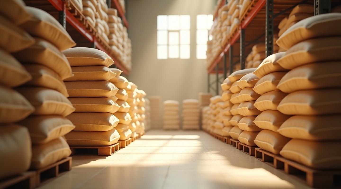 Raktárkészlet és lisztes zsákok rendezett környezetben